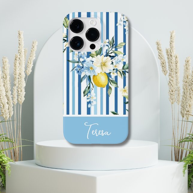 Watercolor Lemon Blue White Stripe  Case-Mate iPhone Case (Creator Uploaded)