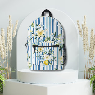 Watercolor Lemon Blue White Stripe  Printed Backpack
