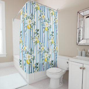 Watercolor Lemon Blue White Stripe Shower Curtain