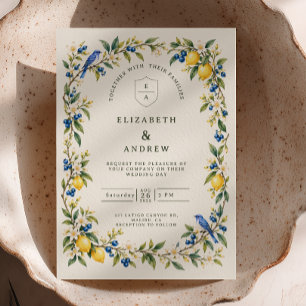 Watercolor Lemon Bluebird Wedding Invitation