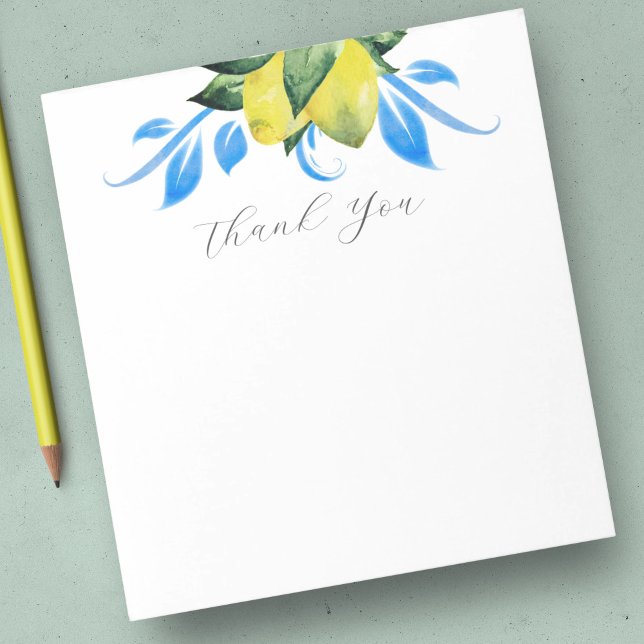 Watercolor Lemon Botanical Thank You Notepad (notepad lemon watercolor botanical yellow and blue leaves)