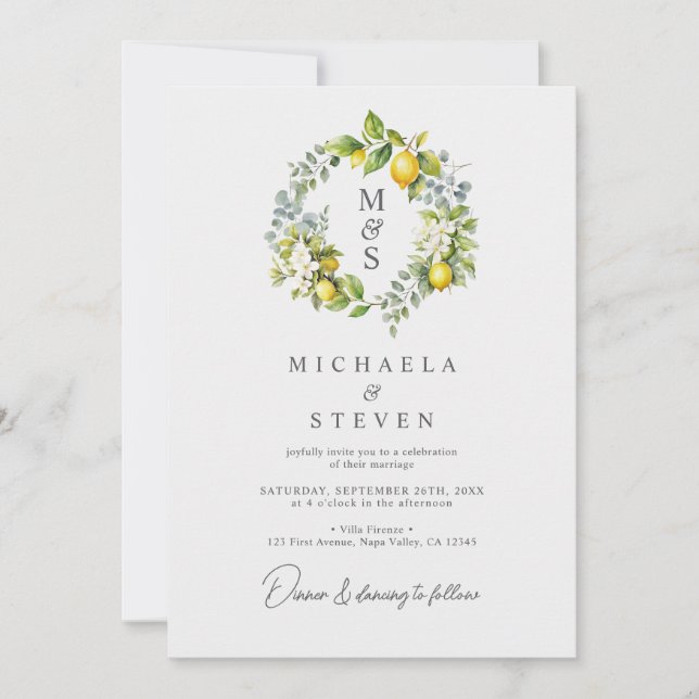 Watercolor Lemon Botanical Wreath Wedding Invitation (Front)