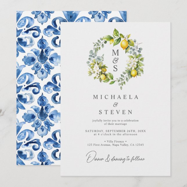 Watercolor Lemon Botanical Wreath Wedding Invitation (Front/Back)