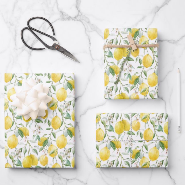 Watercolor Lemon Bouquet Summer Pattern Wrapping Paper Sheets (Front)