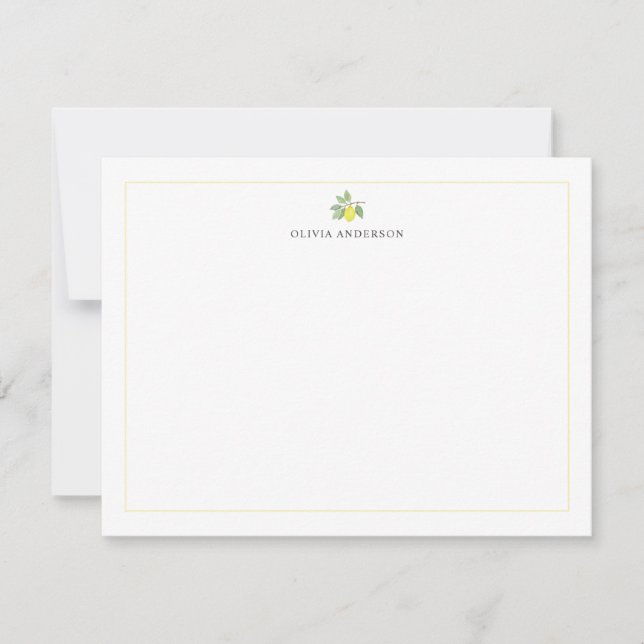 Watercolor Lemon Branch Yellow Border Personalized Note Card (Front)