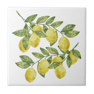 Watercolor Lemon Branches – Summer Botanical Art Ceramic Tile
