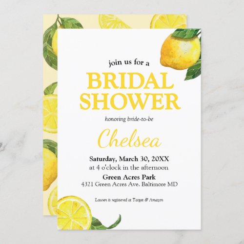 Watercolor Lemon Bridal Shower Invitation