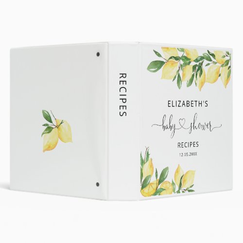 Watercolor Lemon Bridal Shower Recipe Book 3 Ring  3 Ring Binder