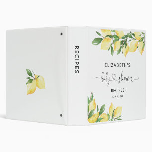 Watercolor Lemon Bridal Shower Recipe Book 3 Ring  Binder