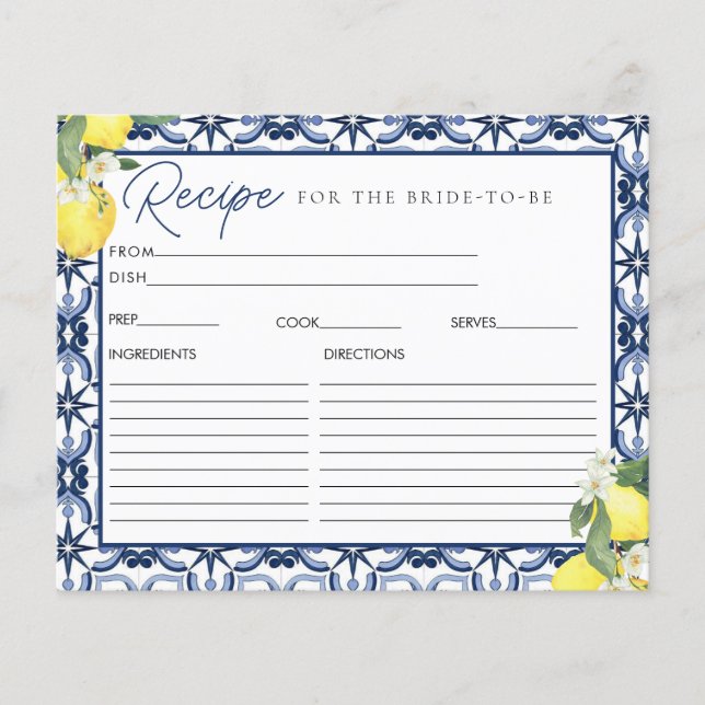 Watercolor Lemon Bridal Shower Recipe Card (Front)