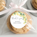 Watercolor Lemon Bridal Shower Thank You  Classic Round Sticker<br><div class="desc">Watercolor Lemon Bridal Shower Thank You Classic Round Sticker.  See full collection here: https://www.zazzle.com/collections/she_found_her_main_squeeze_lemon_bridal_shower-119867915803999104</div>