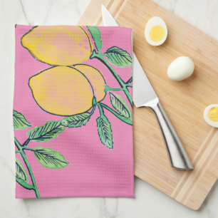 Watercolor Lemon Bunch Hand Painted Pink Kitchen Towel