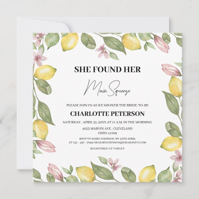 Watercolor Lemon Citrus Bridal Shower Invitation (Front)