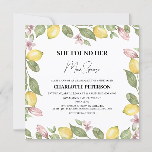 Watercolor Lemon Citrus Bridal Shower Invitation