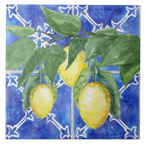 Watercolor Lemon Citrus Foliage Blue White Pattern Ceramic Tile