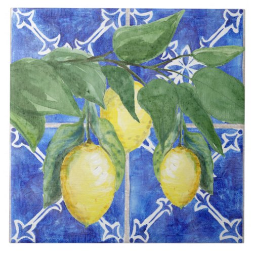Watercolor Lemon Citrus Foliage Pattern Blue White Ceramic Tile