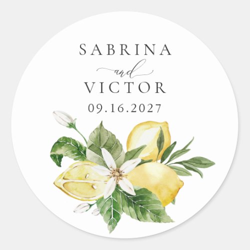 Watercolor Lemon Citrus Greenery Blossom Wedding Classic Round Sticker