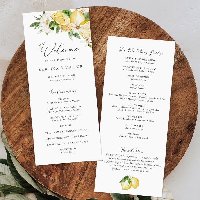 Watercolor Lemon Citrus Greenery Floral Wedding Program (Creator Uploaded)