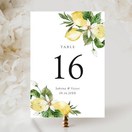 Watercolor Lemon Citrus Greenery Wedding Table Number