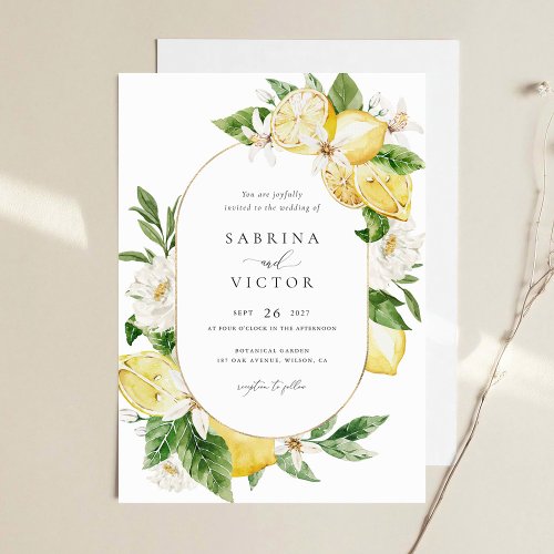 Watercolor Lemon Citrus Greenery White Floral Invitation