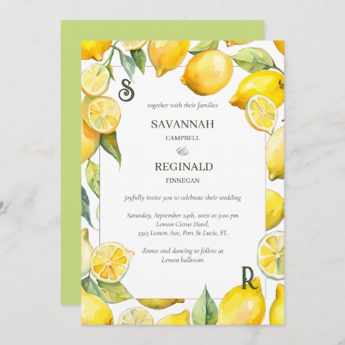 Watercolor Lemon Citrus Modern Monogram Wedding Invitation