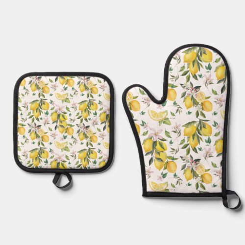 Watercolor Lemon Citrus Pattern Oven Mitt  Pot Holder Set