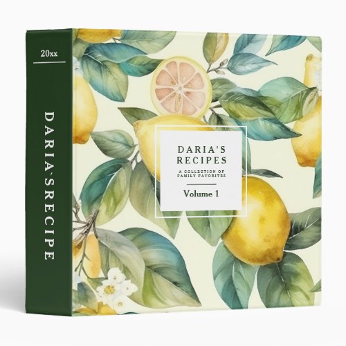 Watercolor lemon citrus Personalized Recipe 3 Ring Binder