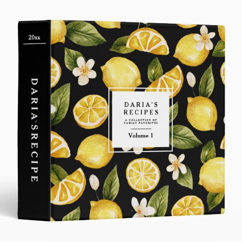 Watercolor lemon citrus Personalized Recipe 3 Ring Binder