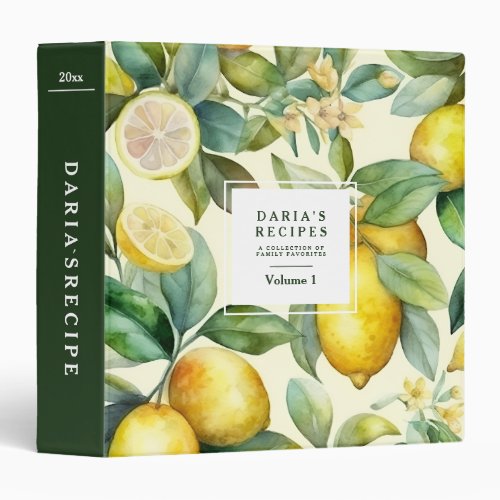 Watercolor lemon citrus Personalized Recipe 3 Ring Binder