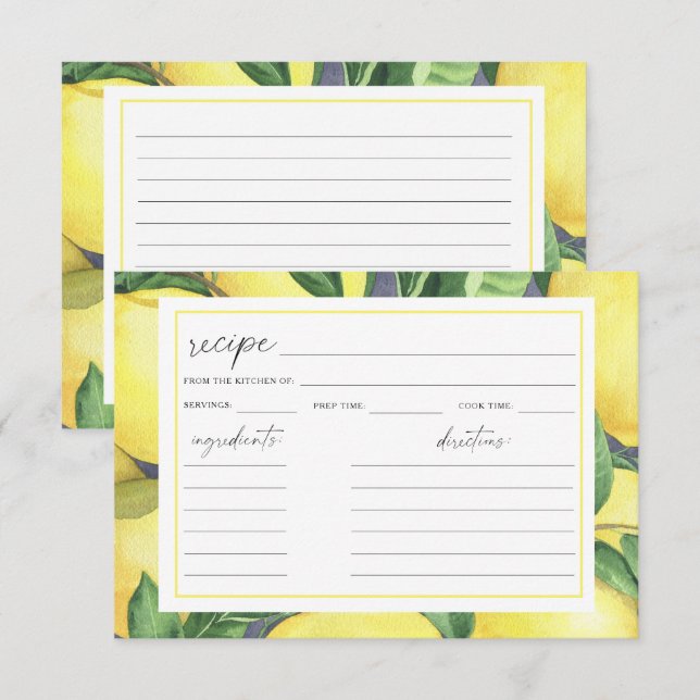 Watercolor lemon citrus - recipe Bridal shower (Front/Back)