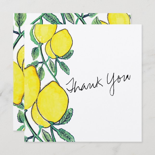Watercolor Lemon Citrus Script Thank You Card (Front/Back)