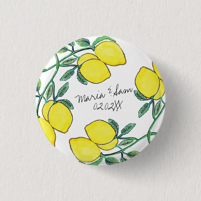 Watercolor Lemon Citrus Script Wedding   Button (Front)