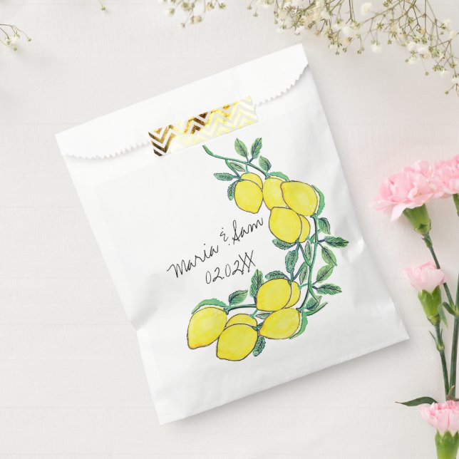 Watercolor Lemon Citrus Script Wedding  Favor Bag (Sealed)