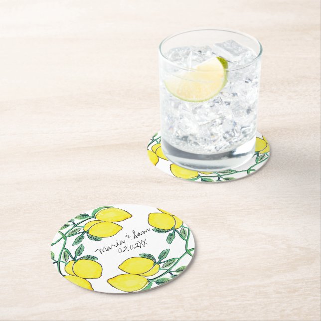 Watercolor Lemon Citrus Script Wedding Round Paper Coaster (Insitu)
