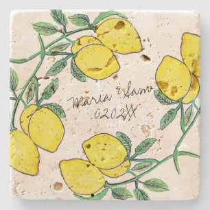 Watercolor Lemon Citrus Script Wedding  Stone Coaster