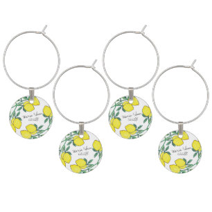 Watercolor Lemon Citrus Script Wedding     Wine Charm