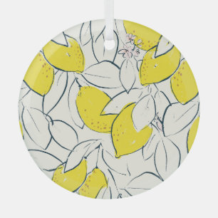 Watercolor Lemon Citrus Seamless Pattern Glass Ornament