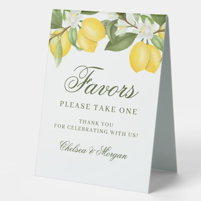 Watercolor Lemon Citrus Wedding Favors Table Tent (Front)