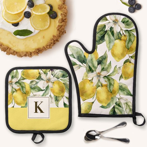 Watercolor Lemon Citrus with Monogram Initial Oven Mitt  Pot Holder Set