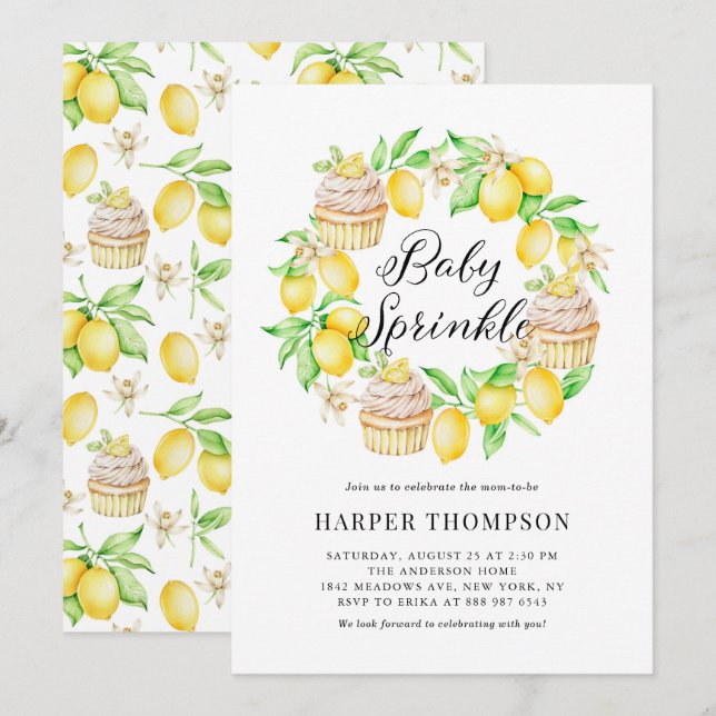 Watercolor Lemon Cupcakes Wreath Baby Sprinkle Invitation (Front/Back)