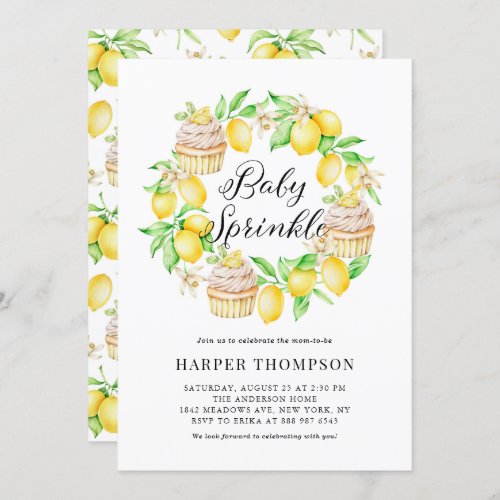 Watercolor Lemon Cupcakes Wreath Baby Sprinkle Invitation