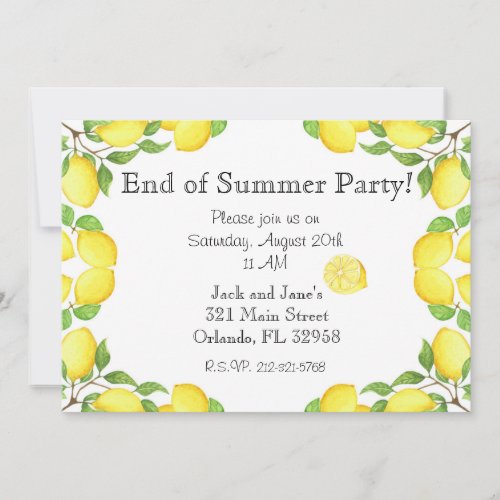 Watercolor Lemon End of Summer Party Invitation