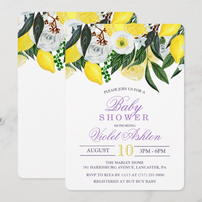 Watercolor Lemon Floral Baby Shower Invitation (Front/Back)