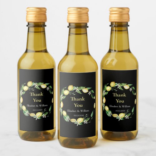 Watercolor Lemon Floral Black Mini Wine Wine Label