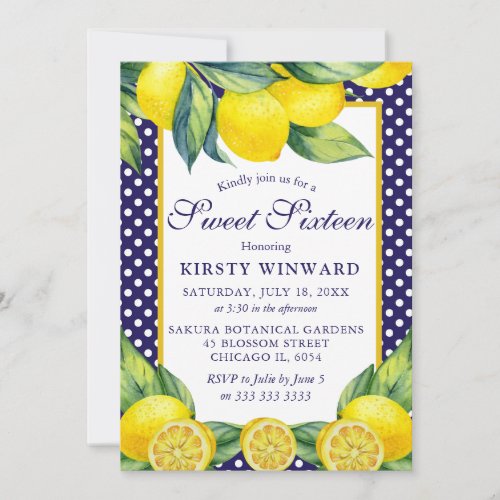 Watercolor Lemon Floral Blue Polka Dot Sweet 16 Invitation