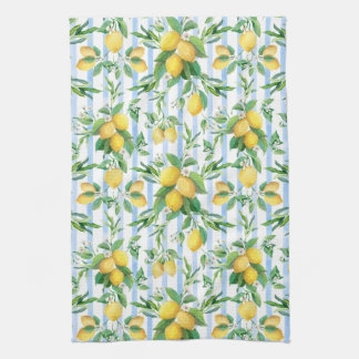 Watercolor Lemon Floral Blue White Stripe Cottage Kitchen Towel
