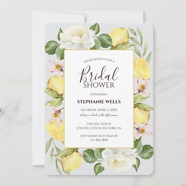 Watercolor lemon floral foliage invitation (Front)