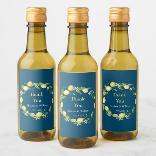 Watercolor Lemon Floral Ocean Blue Mini Wine Wine Label