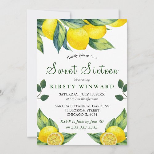 Watercolor Lemon Floral Sweet 16 Invitation