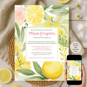 Watercolor Lemon Floral Themed Birthday Party Invitation